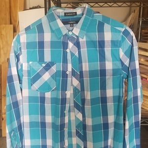 Turquoise, white checked shirt
